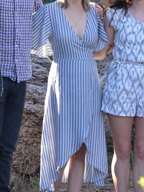 the room Blue and White Striped Wrap High-Low Midi Dress Small